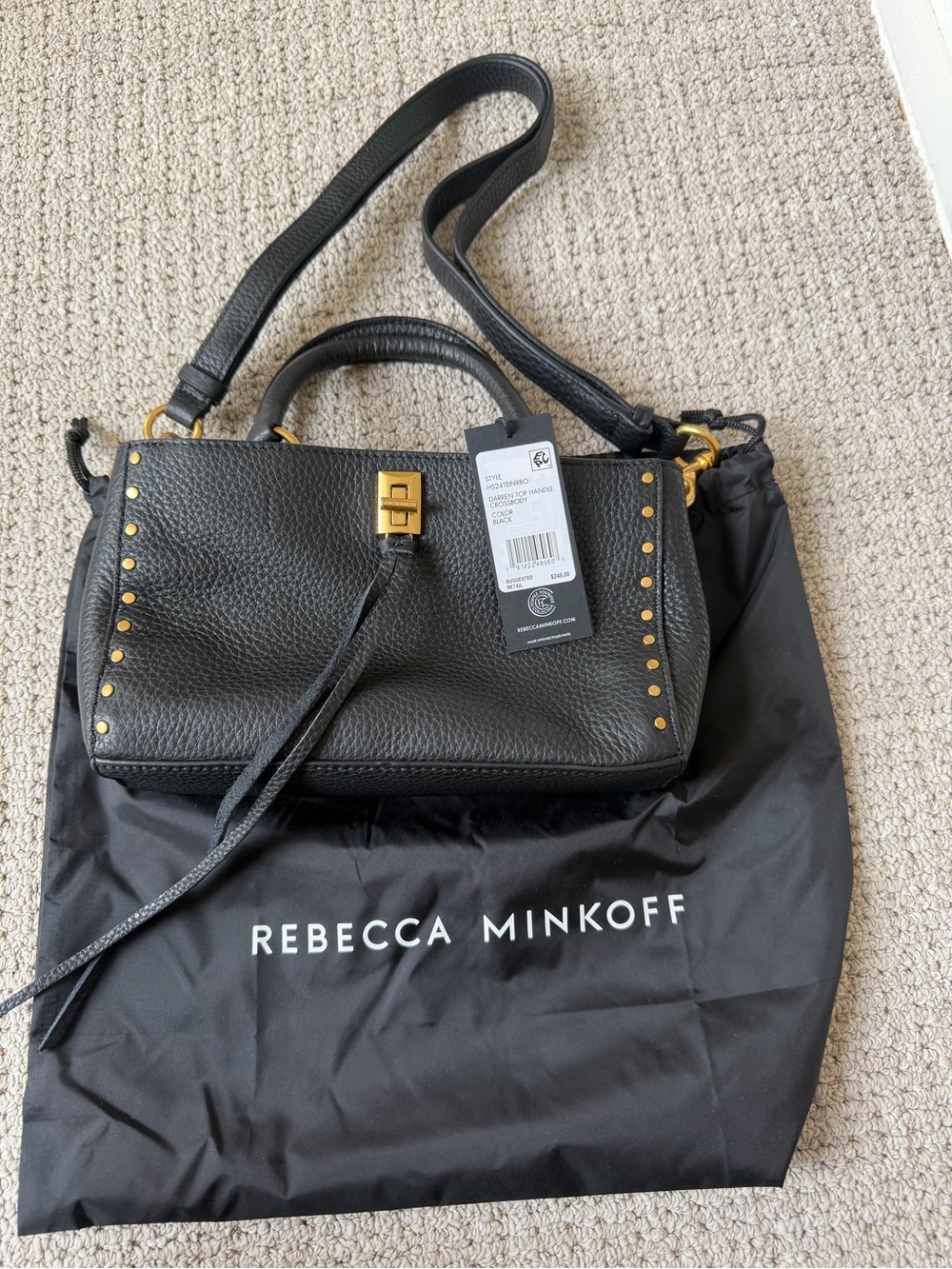 NWT Rebecca Minkoff Black Leather Studded Darren Top Handle Crossbody Bag - Picture 2 of 13